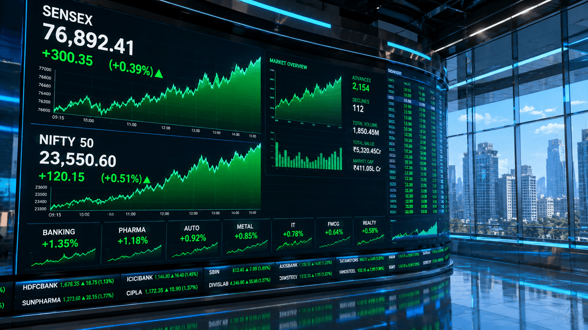 Sensex Jumps 300 Points: Banking and Pharma Stocks Rally, Nifty Crosses 23,550