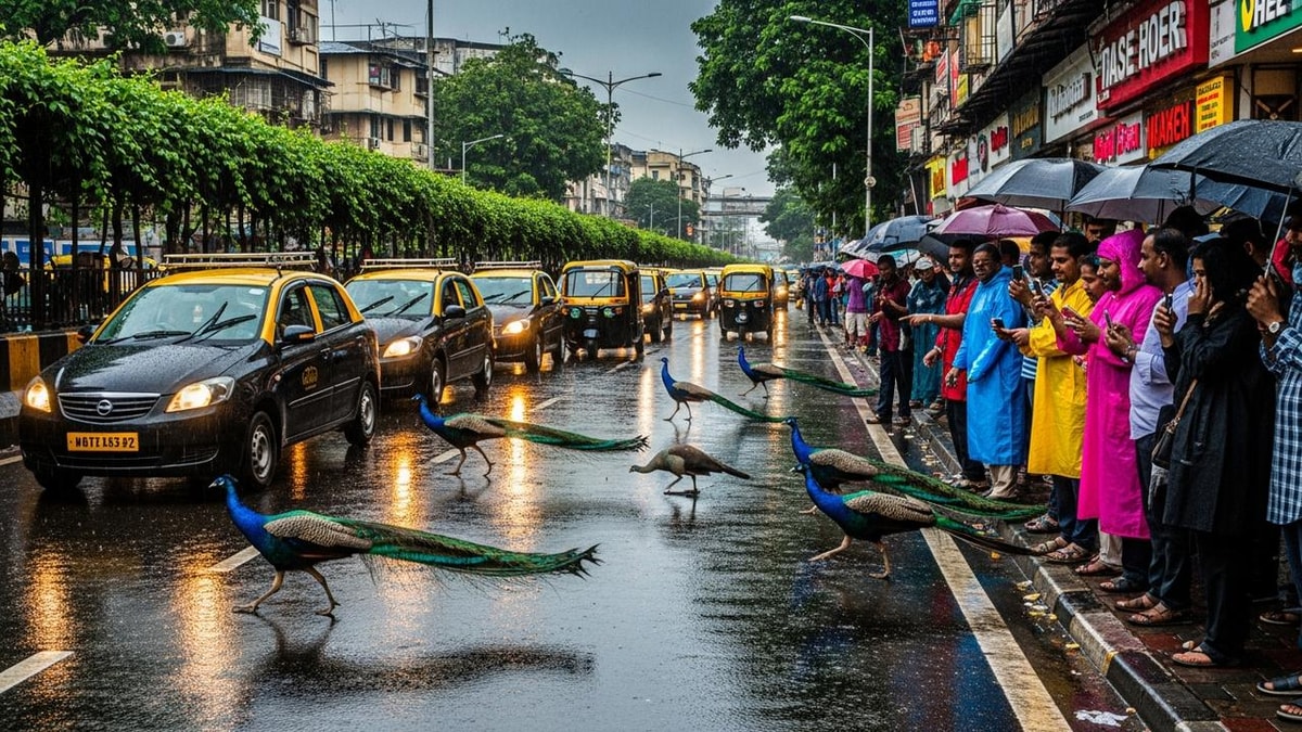 Monsoon Rains in Mumbai Attract Peacocks to Pedder Road