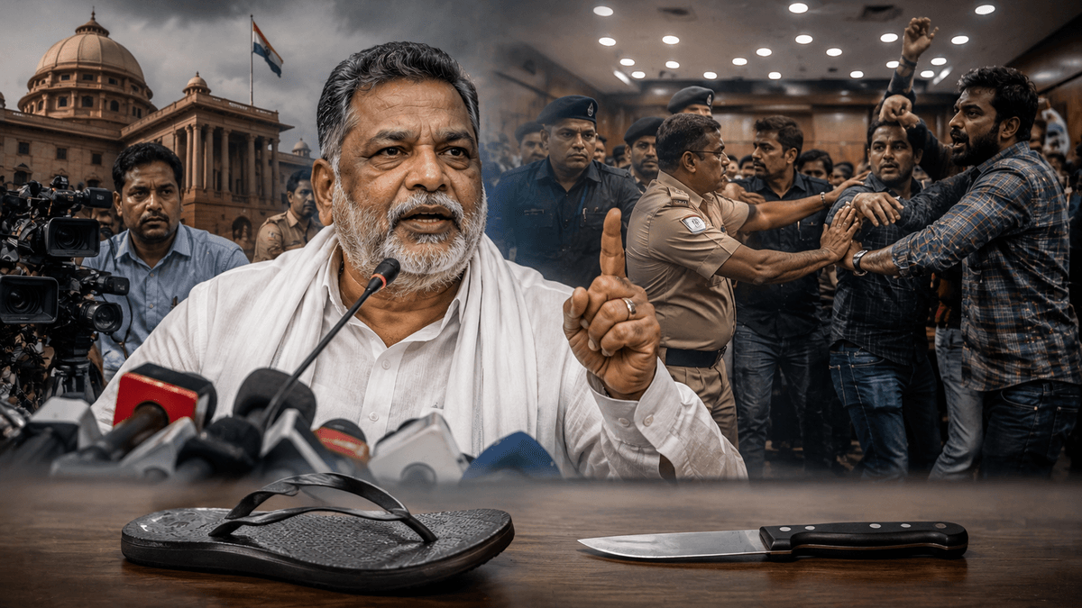 Slipper Attack Disrupts Pappu Yadav Press Conference in Delhi, Two Detained Slipper Attack Disrupts Pappu Yadav Press Conference in Delhi, Two Detained