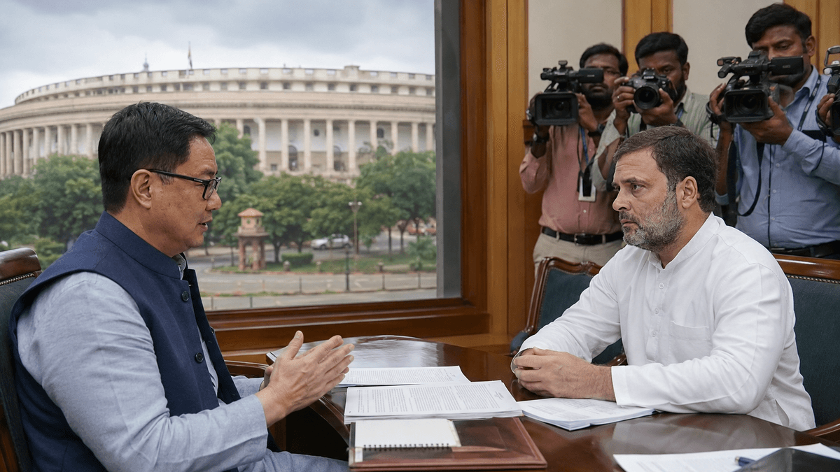 Kiren Rijiju Meets Rahul Gandhi to End 13-Day Parliament Deadlock Kiren Rijiju Meets Rahul Gandhi to End 13-Day Parliament Deadlock