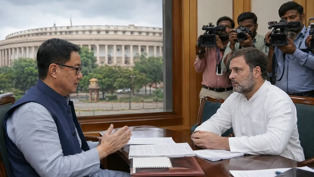 Kiren Rijiju Meets Rahul Gandhi to End 13-Day Parliament Deadlock Kiren Rijiju Meets Rahul Gandhi to End 13-Day Parliament Deadlock