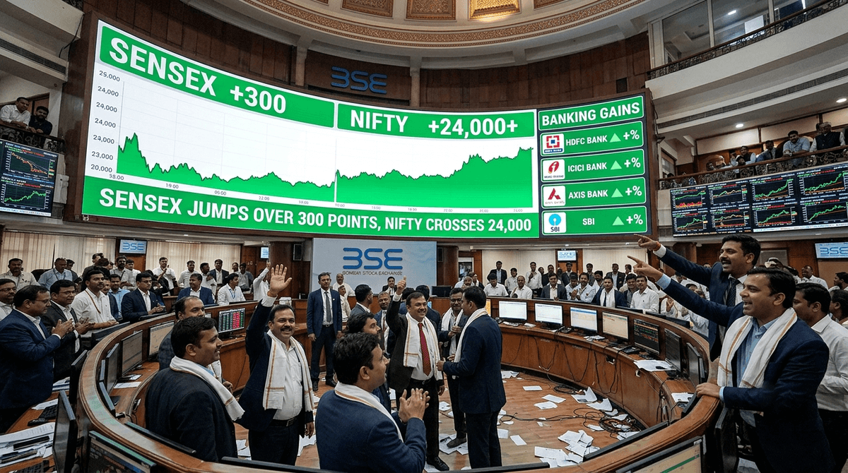 Sensex Jumps Over 300 Points as Nifty Crosses 24000 on Banking Gains Sensex Jumps Over 300 Points as Nifty Crosses 24000 on Banking Gains