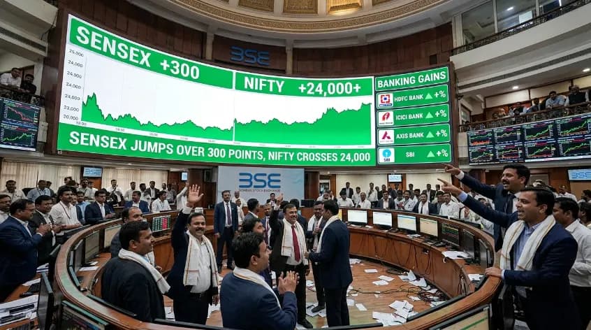 Sensex Jumps Over 300 Points as Nifty Crosses 24000 on Banking Gains Sensex Jumps Over 300 Points as Nifty Crosses 24000 on Banking Gains