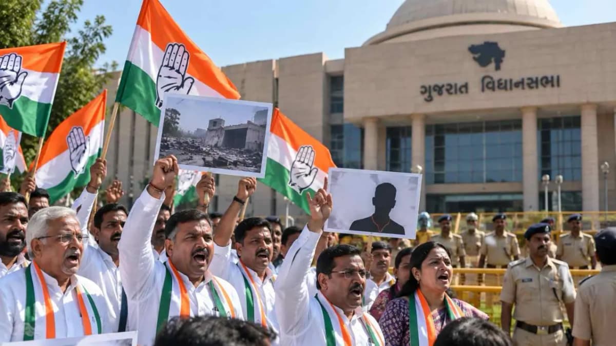 Congress Protests Outside Gujarat Assembly Over Bhavnagar Tragedy