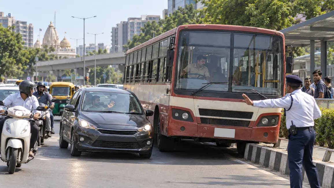 Incident at ISKCON Cross Road due to AMTS bus driver's reckless behavior