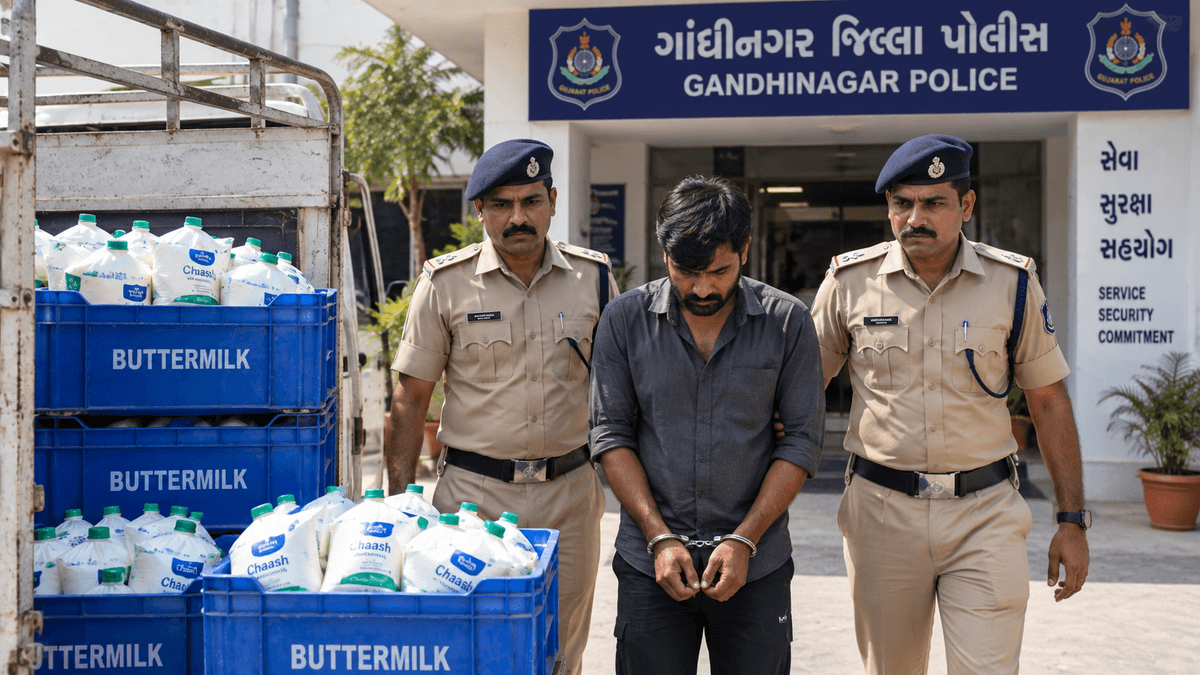 A Man from Gokulpur Apprehended for Stealing Buttermilk Crates in Gandhinagar A Man from Gokulpur Apprehended for Stealing Buttermilk Crates in Gandhinagar