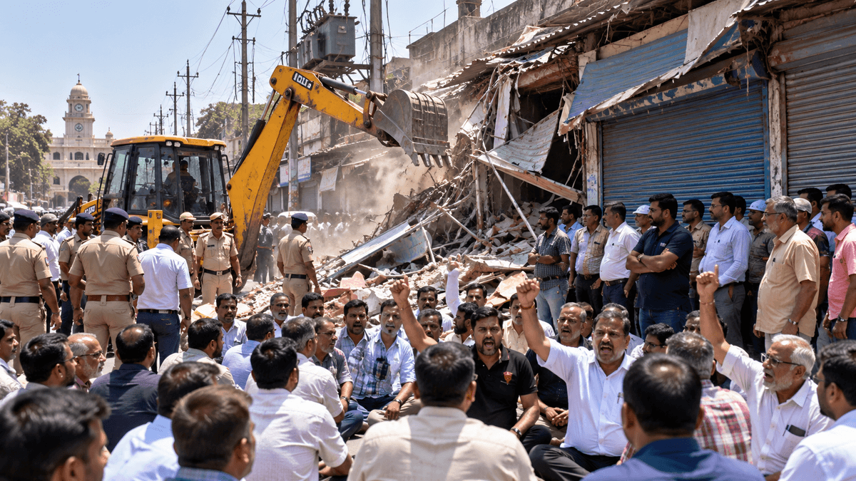 Jamnagar Traders Protest During Encroachment Removal on Ranjitsagar Road Jamnagar Traders Protest During Encroachment Removal on Ranjitsagar Road