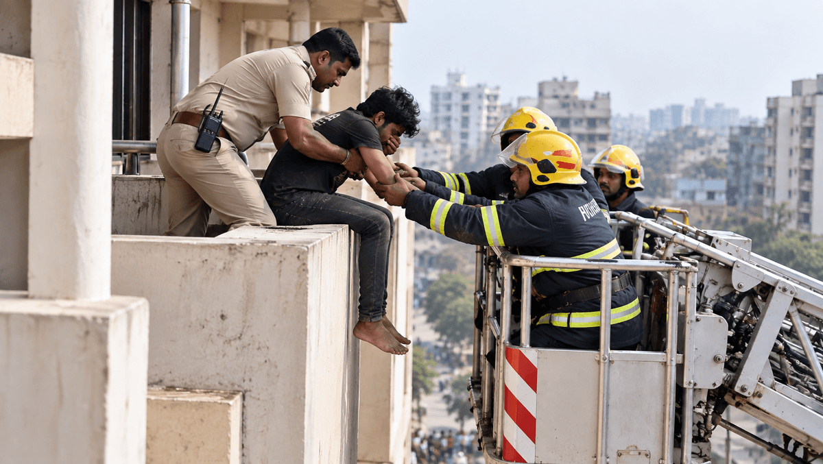 Mehsana: Police and Fire Team Rescue Youth From Fourth-Floor Ledge Mehsana: Police and Fire Team Rescue Youth From Fourth-Floor Ledge