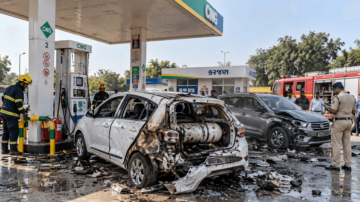 CNG Car Gas Tank Explodes Near Karjan, Damaging Two Other Vehicles CNG Car Gas Tank Explodes Near Karjan, Damaging Two Other Vehicles