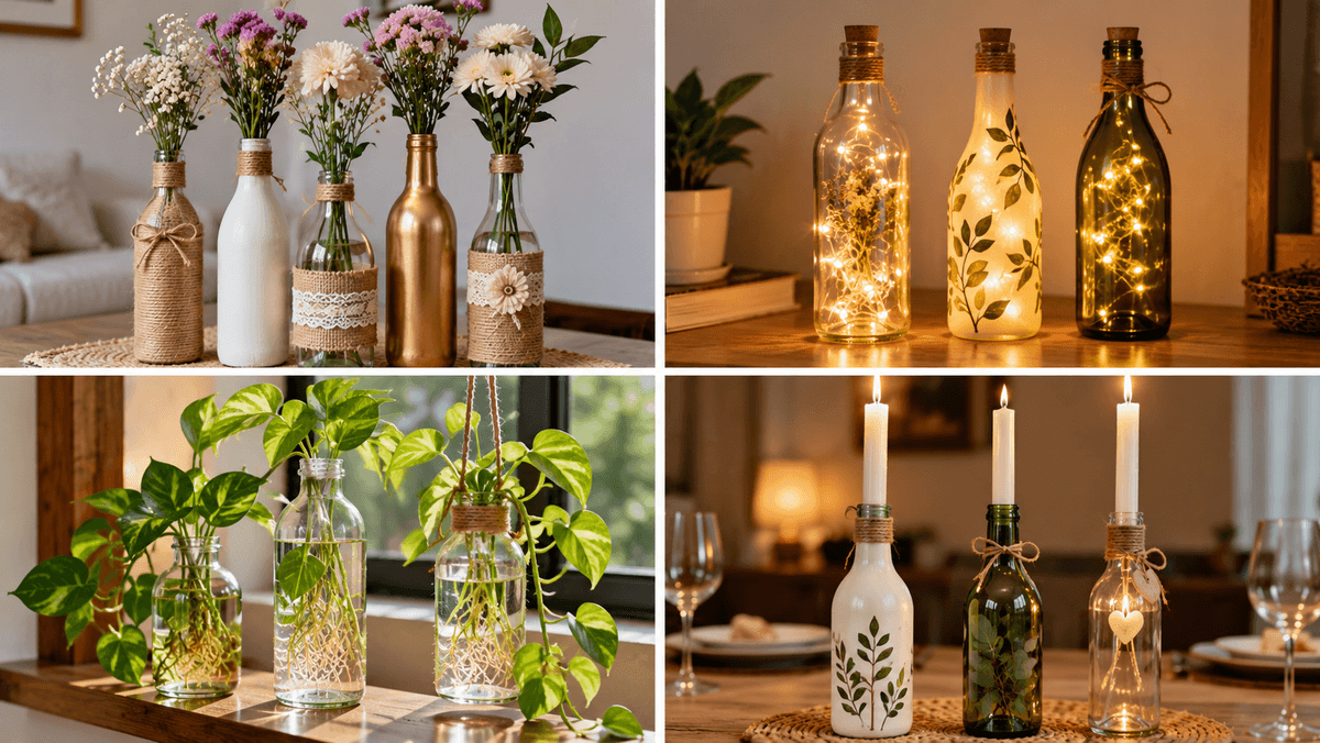 4 Easy DIY Ideas to Turn Old Glass Bottles into Stylish Home Décor 4 Easy DIY Ideas to Turn Old Glass Bottles into Stylish Home Décor