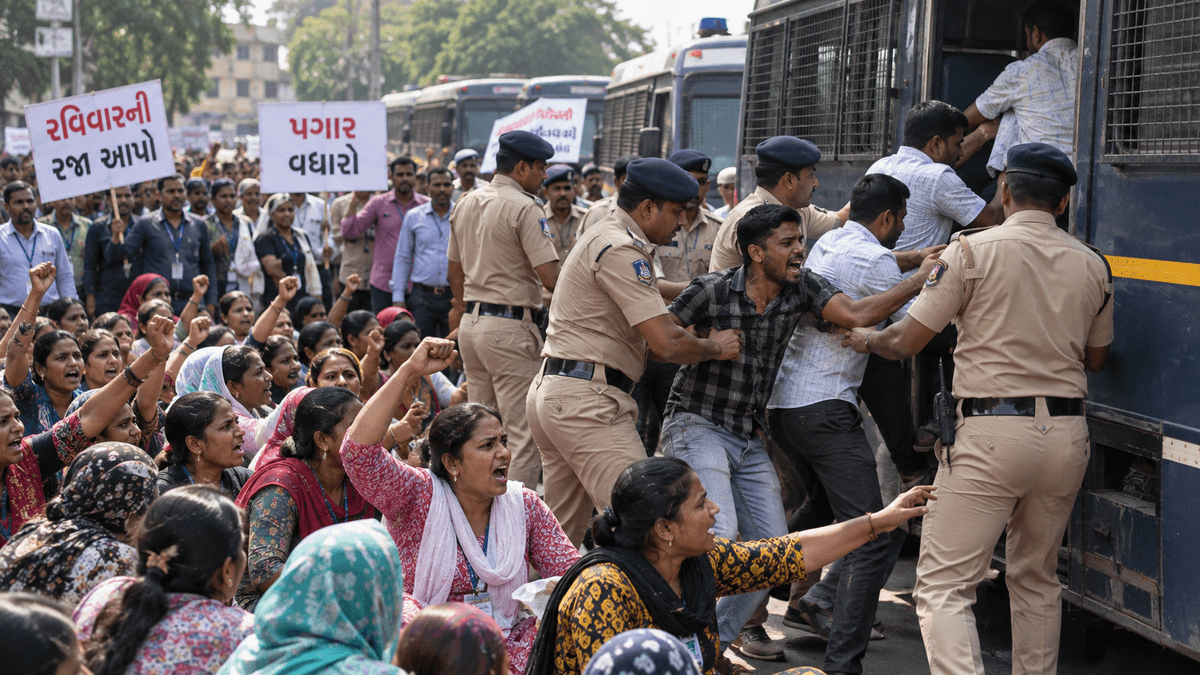 Surat Workers Protest for Sunday Holidays and Pay Hike, 70 Workers Detained Surat Workers Protest for Sunday Holidays and Pay Hike, 70 Workers Detained