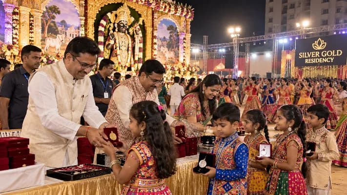Rajkot Society Celebrates Navratri with Gold and Silver Gifts for Children, Shrinathji Tableau