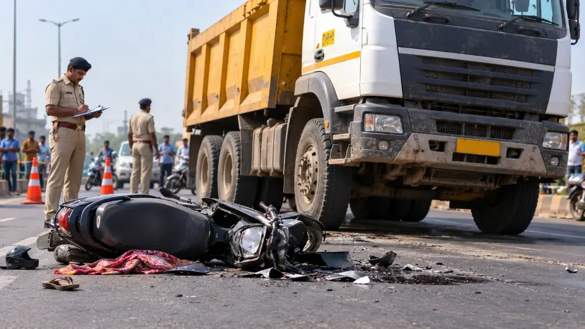 Woman Dies in Dumper Accident on Hazira Road
