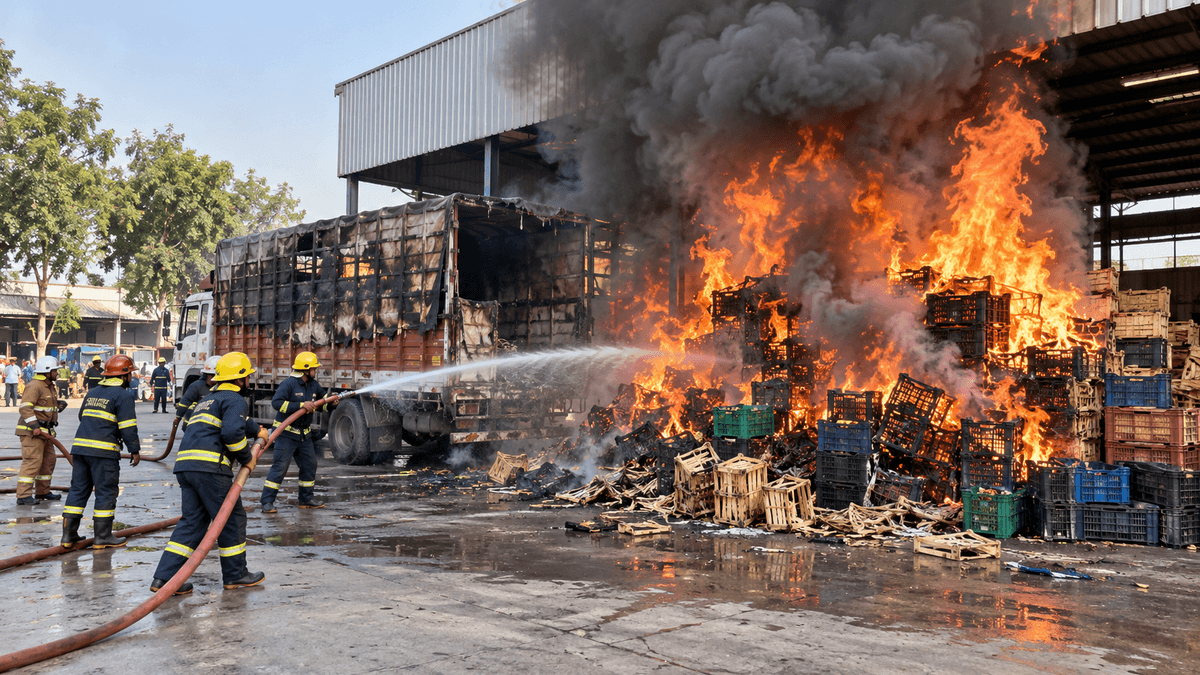 Fire Incident at Mahesana APMC Warehouse, Damage to Empty Fruit Boxes and Truck Fire Incident at Mahesana APMC Warehouse, Damage to Empty Fruit Boxes and Truck