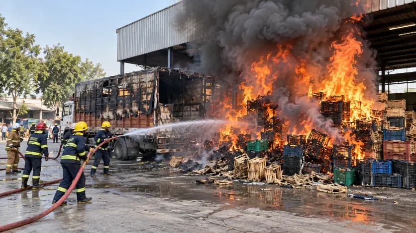 Fire Incident at Mahesana APMC Warehouse, Damage to Empty Fruit Boxes and Truck