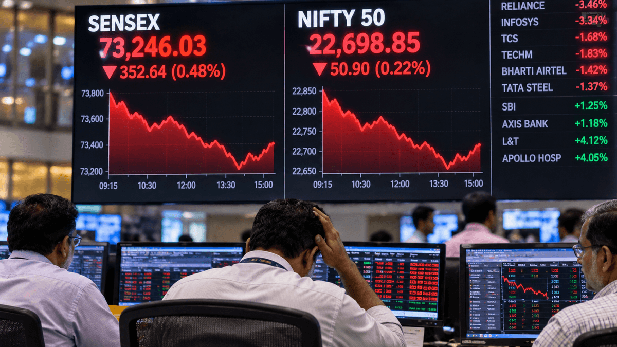 Sensex Falls 353 Points as Reliance, IT Stocks and Rising Crude Oil Weigh on Markets Sensex Falls 353 Points as Reliance, IT Stocks and Rising Crude Oil Weigh on Markets