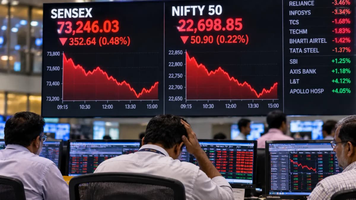 Sensex Falls 353 Points as Reliance, IT Stocks and Rising Crude Oil Weigh on Markets Sensex Falls 353 Points as Reliance, IT Stocks and Rising Crude Oil Weigh on Markets